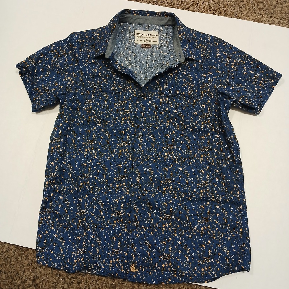 Cody James Blue yellow Abstract Western Snap Short Sleeve Shirt Kid Boy XL